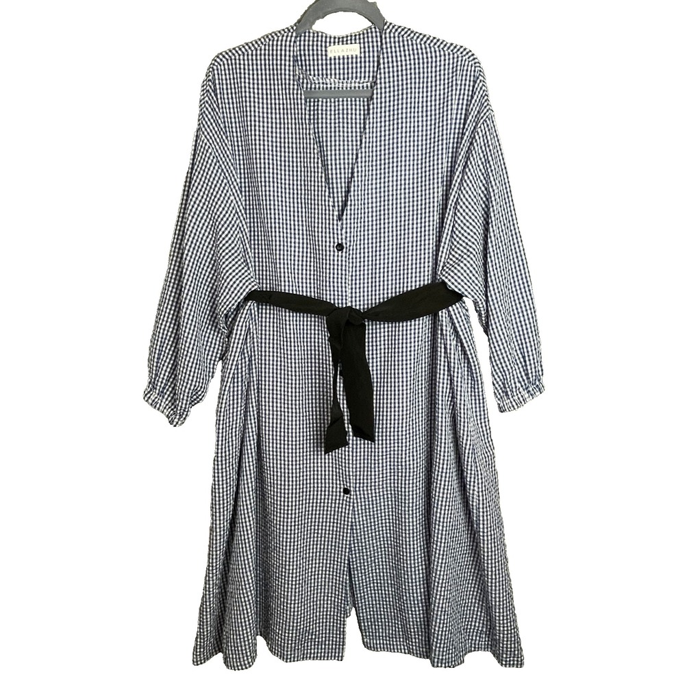 ELLAZHU Dress Womens OS Blue Gingham Tie Waist Pockets Oversized Country Cottage